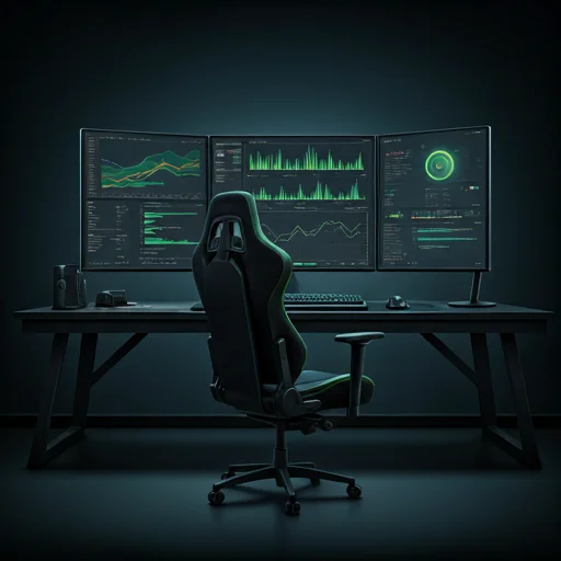 A professional high-tech gaming setup in a dimly lit room, featuring a high-performance ergonomic chair and a multi-monitor display showing complex data visualizations. The lighting is dominated by deep blacks and intense electric lime green accents from the hardware LEDs, creating a focused, professional control center atmosphere. The overall style is sleek and technical, emphasizing cognitive endurance and physical longevity for professional gamers.