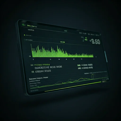 Detailed close-up of a high-tech data interface on a dark screen, showing heart rate variability and cognitive focus metrics. The numbers and graphs are rendered in a vibrant electric lime green against a deep charcoal background. The interface looks like a cockpit telemetry system, with sharp lines and minimalist design. The lighting is dim, suggesting a focused work or gaming environment where performance is being tracked in real-time.